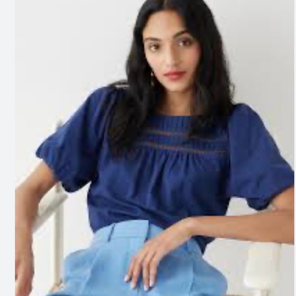 JCREW NWT LACE TRIM NAVY PUFF TOP-size S